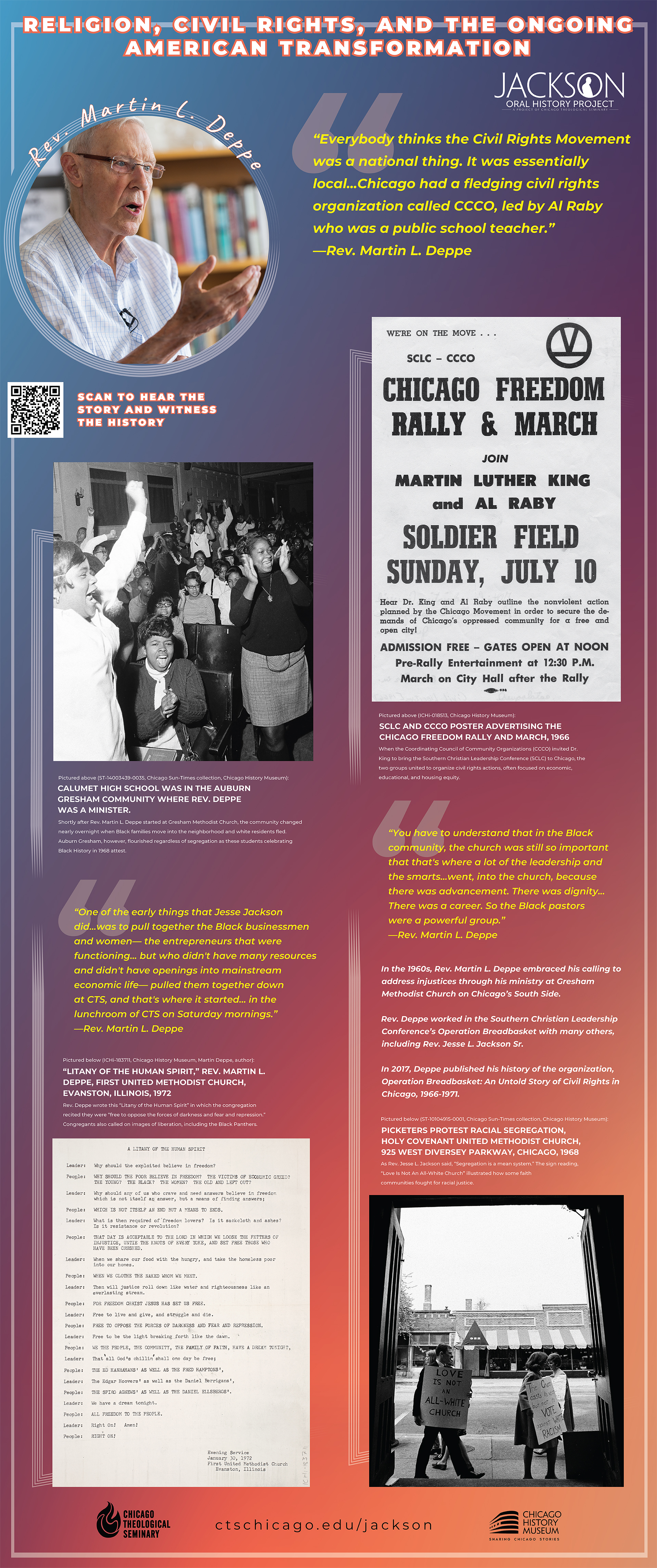 Rev. Jesse L. Jackson Oral History Project  exhibition featuring ten 33 by 80 inch pop-up banner panels displaying historical photographs, quotes, and QR codes linking to oral history video and audio recordings.